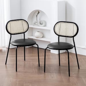 18 in. Black Rattan Dining Chairs with Faux Leather Seat (set of 2)