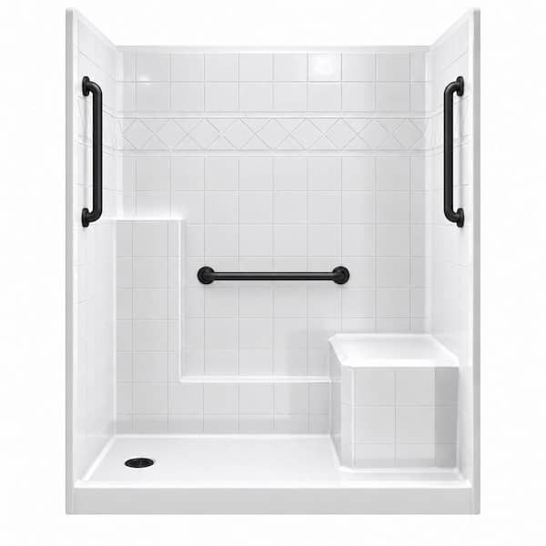 Liberty 60 in. x 33 in. x 77 in. Alcove 1-Piece Shower Kit with Shower Wall and Shower Pan in White, 3 Black Grab Bars
