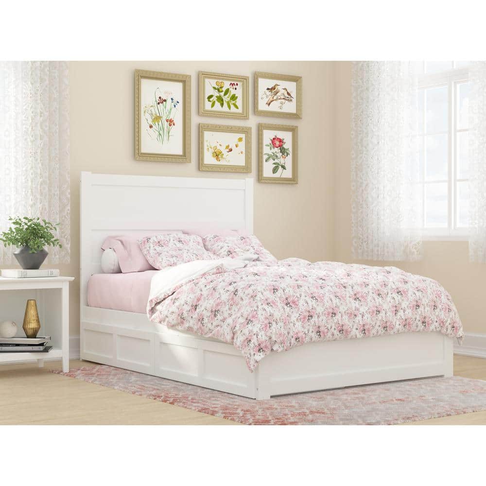 White Twin Platform Bed with Storage Drawers and Headboard