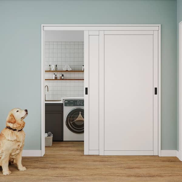 72 in. x 80 in. Paneled 1-Lite White Finished MDF Muti-Design Sliding Door with Hardware