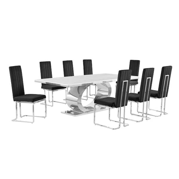 Ibraim 9-Piece Rectangle White Marble Top Stainless Steel Base Dining Set with 8 Black Velvet Chrome Iron Chairs