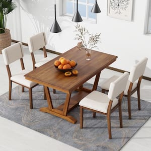 Rustic 5-piece Walnut and Gray Rectangle Wood Dining Set Seats 4 with Trestle Table Base and 4-Upholstered Chairs