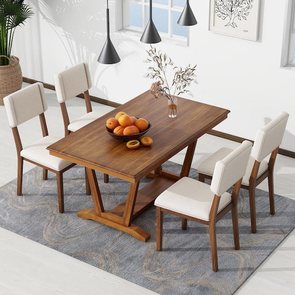 Harper & Bright Designs Rustic 5-piece Walnut and Gray Rectangle Wood Dining Set Seats 4 with Trestle Table Base and 4-Upholstered Chairs