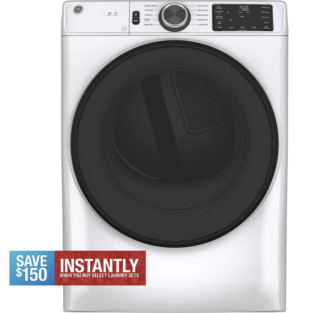 GE 7.8 cu.ft. Smart Front Load Gas Dryer in White with Sanitize Cycle, ENERGY STAR
