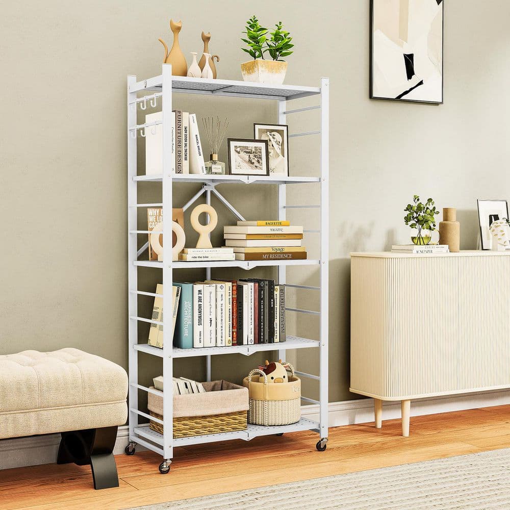 White 5-Tier Foldable Storage Shelves, Metal Storage Rack with Wheels and Hooks