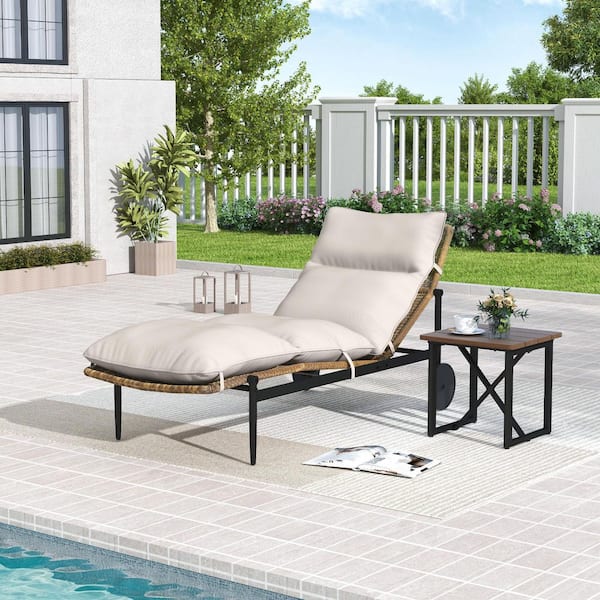 Grove Tranquil 2-Piece Aluminum Rattan Outdoor Chaise Lounge Set with Side Table and Plush Light Gray Cushions