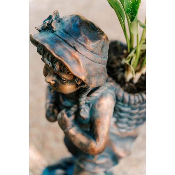 24in.H Faux Bronze Magnesium Oxide Walking Girl Garden Statue w/Small Flower PlantPot, Outdoor, Natural Design Sculpture