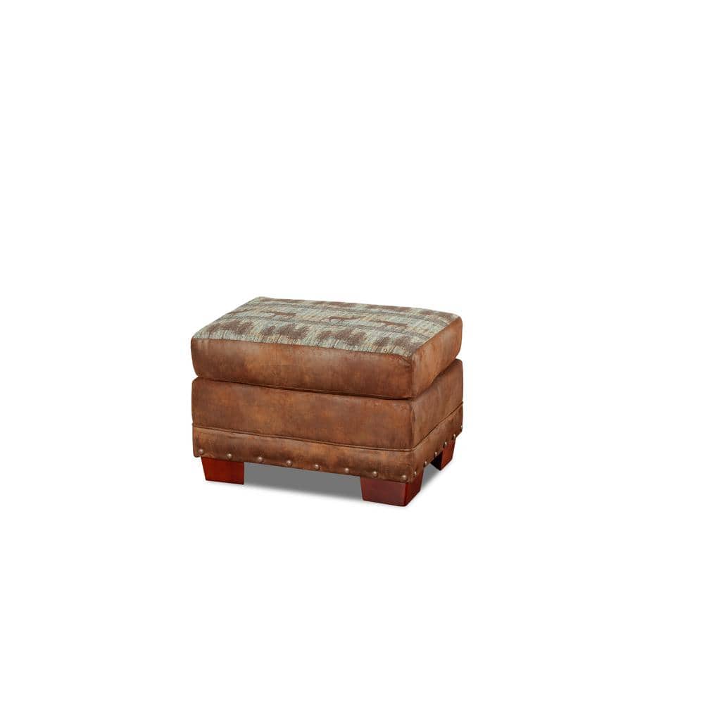 Teal and Brown Tapestry Lodge Ottoman with Wood Legs