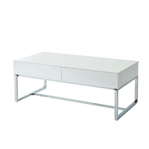 Benjara Contemporary 48 in. White/Silver Large Rectangle Wood Coffee Table with 2-Drawers