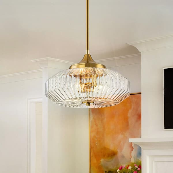 Corning 14 in. 2-Light Modern Brass Shaded Kitchen Pendant with Clear Ribbed Glass Shade