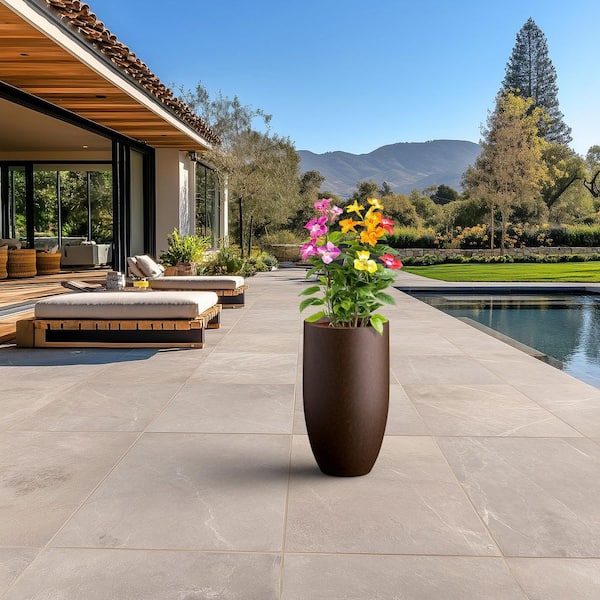 14 in. Large Earthy Brown (Enhanced Interior) Concrete Round Planter / Pot with Drainage Holes