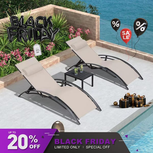 Patio Chaise Lounge Set Outdoor Beach Pool Sunbathing Lawn Lounger Recliner Chair Side Table Included