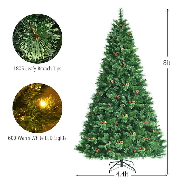 Gymax 8 Ft. Pre-Lit Artificial Christmas Tree Hinged Xmas Tree With Warm Led Lights Gym08659