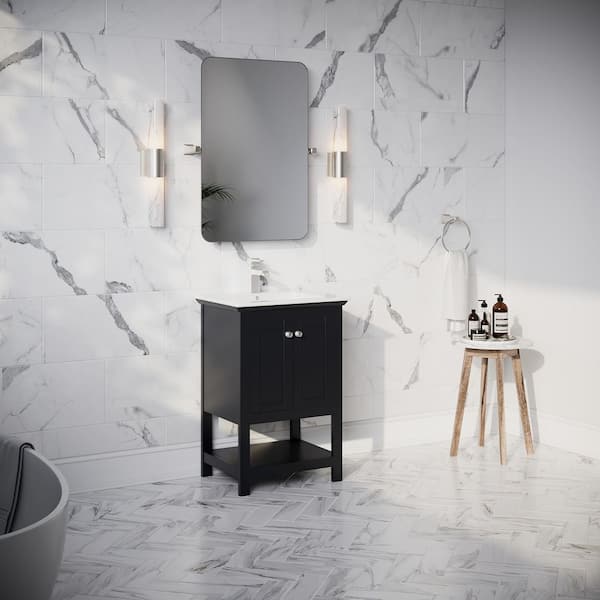 Manchester 24 in. Single Sink Shaker-Style Black Bath Vanity with White Quartz Top and Integrated Sink