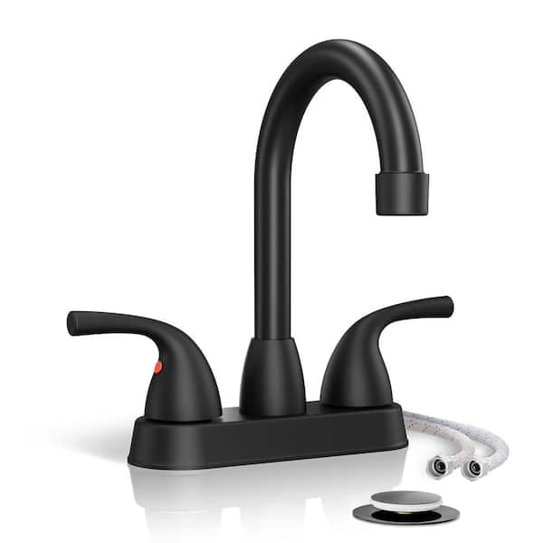Phiestina Matte Black 4 in. Centerset Bathroom Faucet, 2 Handle Deck Plate 2 or 3 Hole Bathroom Faucet, with Metal Pop-up