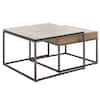 Coffee table with stone top and wood accent.