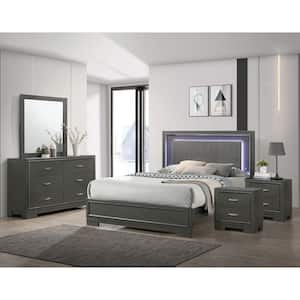 Jonvang 5-Piece LED Headboard Metallic Gray Wood Queen Bedroom Set with 2-Nightstands and Dresser/Mirror