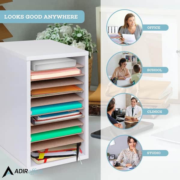 AdirOffice - Wood 11 Compartment Vertical Paper Sorter Literature File Organizer, White