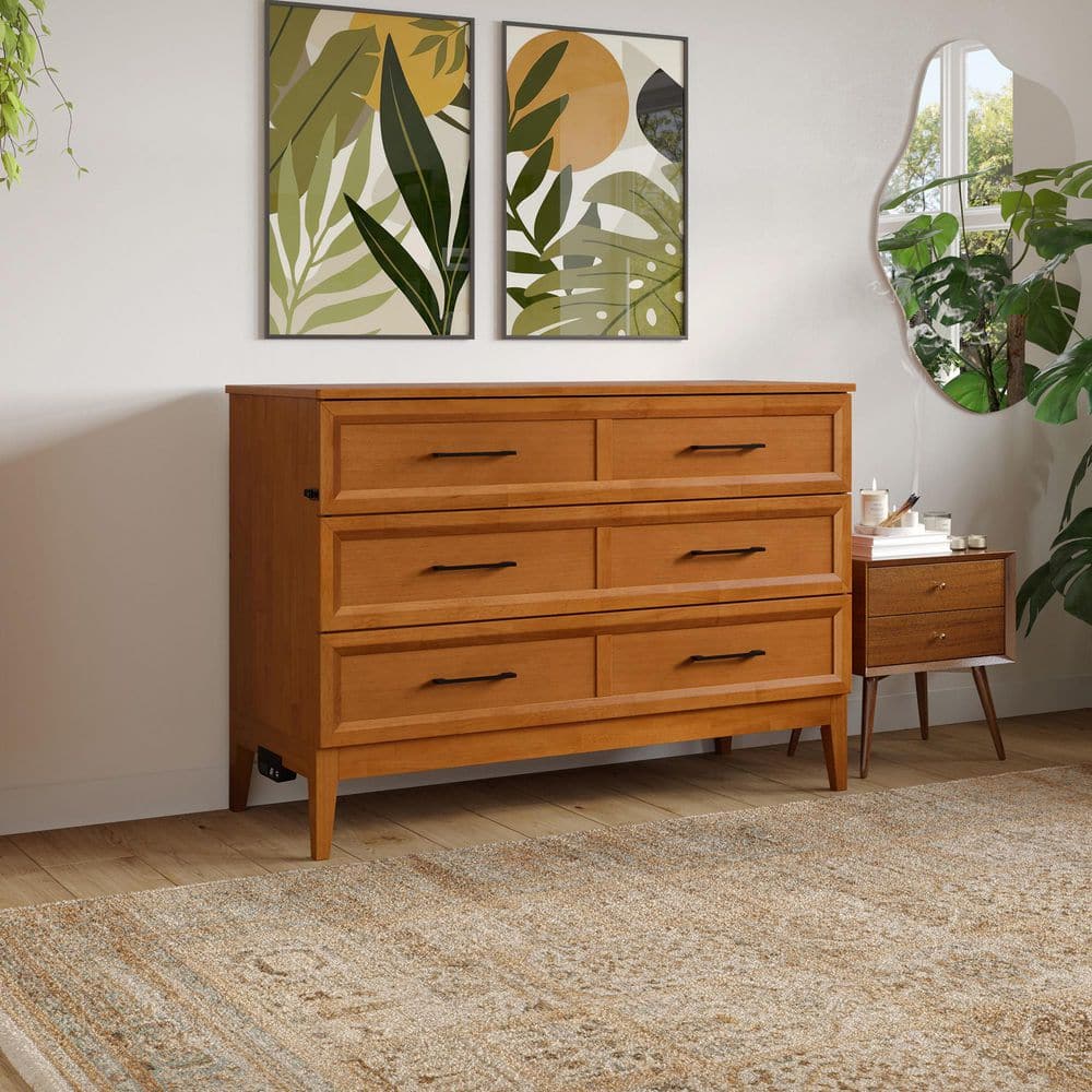 Light Toffee Full Wood Murphy Bed Chest with Mattress and USB Charger