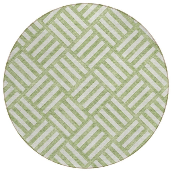 HomeRoots Artichoke Green, Ivory 8 ft. Round Woven Geometric Polyester Round Indoor/Outdoor Area Rug