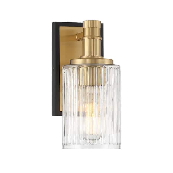 Savoy House Concord 4.5 in. 1-Light Matte Black with Warm Brass Bathroom Vanity Light with Clear Ribbed Glass Shade