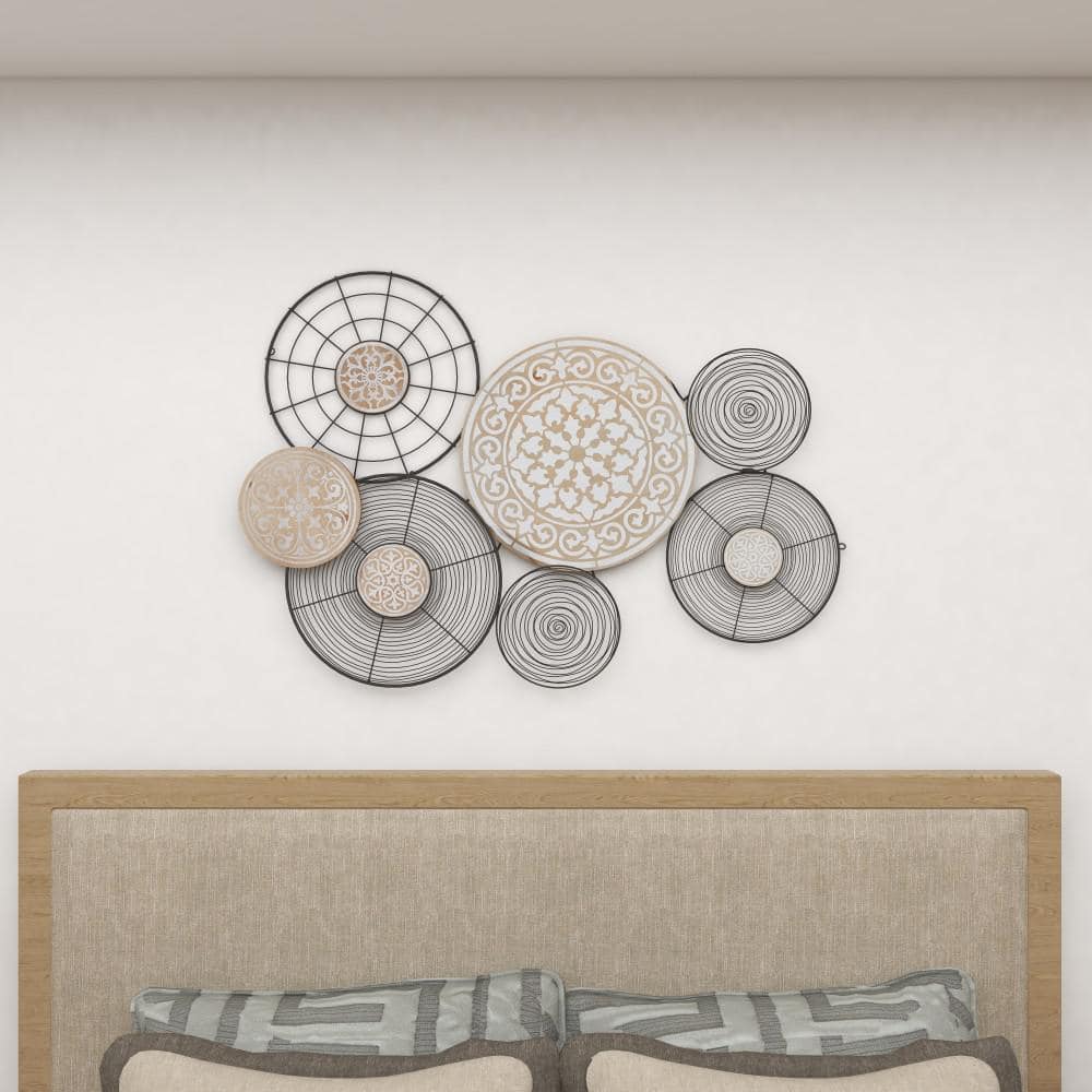 Boho Black and Beige Metal and Pinewood Circle Wall Sculpture