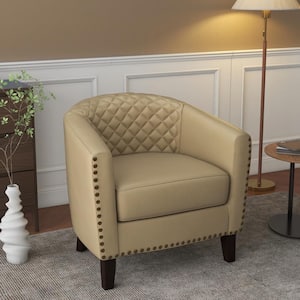 Modern Beige Solid Wood Legs PU Leather Upholstered Accent Barrel Chair With Nailhead Trim