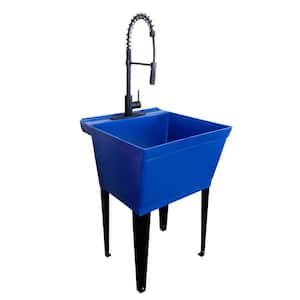 22.875 in. x 23.5 in. Thermoplastic Floor Mount Utility Sink in Blue with High-Arc Matte Black Coil Pull-Down Faucet
