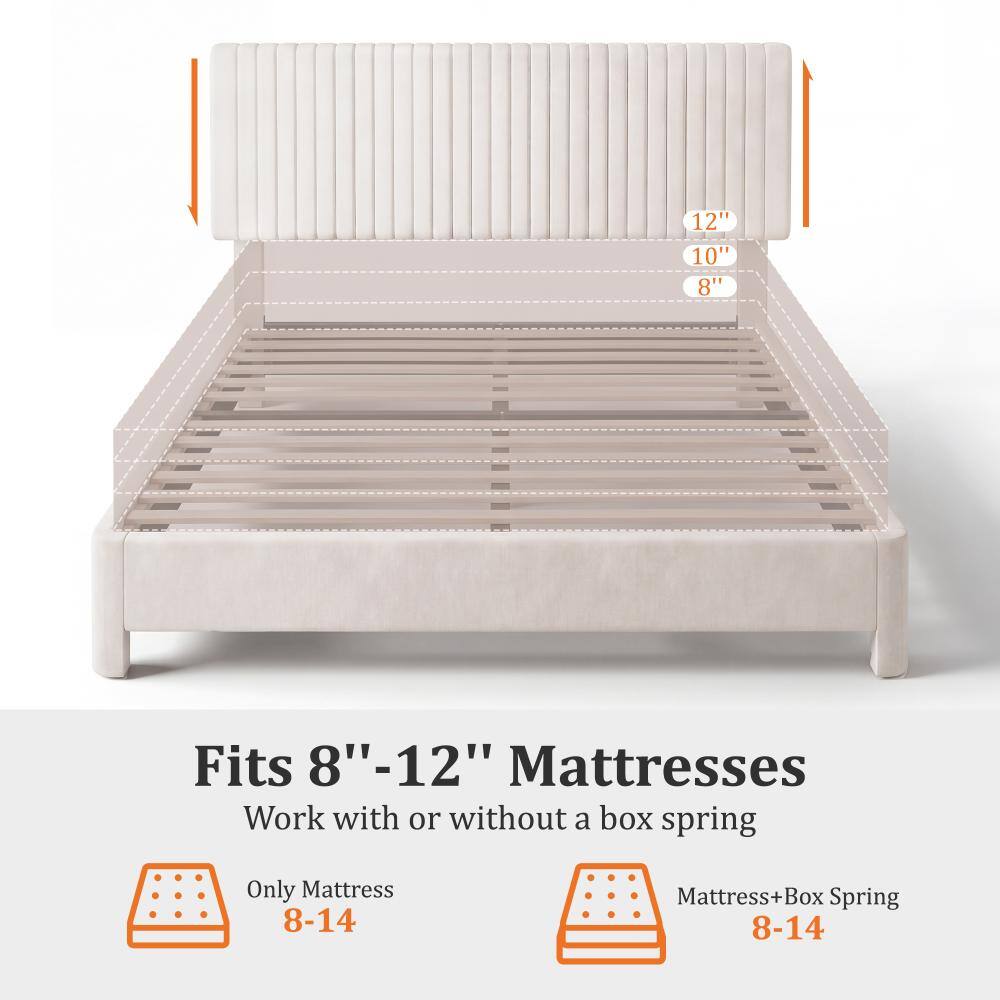 White velvet bed frame showing mattress compatibility and slat system.