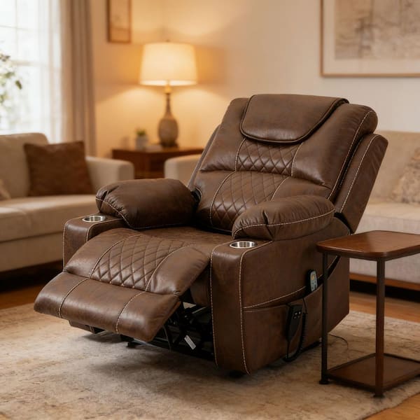 Dark Brown Oversized Faux Leather Electric Power Lift Recliner Chair with 5-Mode Massage and Cup Holders