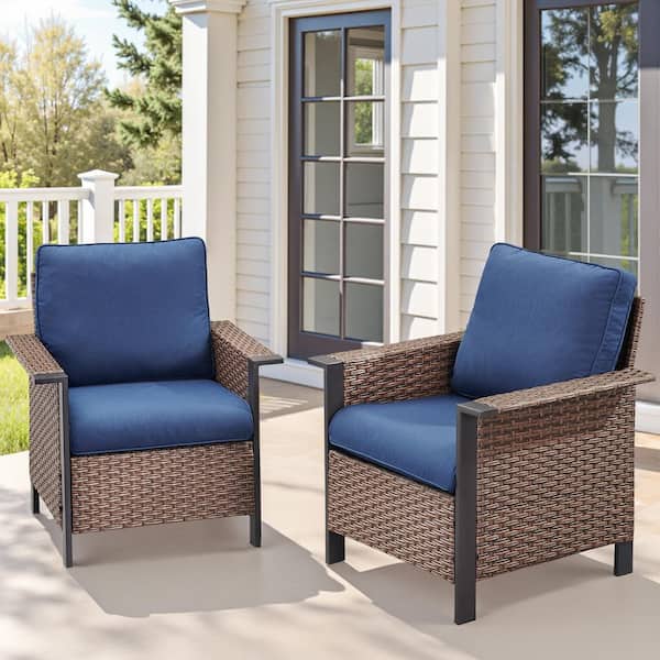 2-Piece Wicker Patio Conversation Set with Blue Cushions