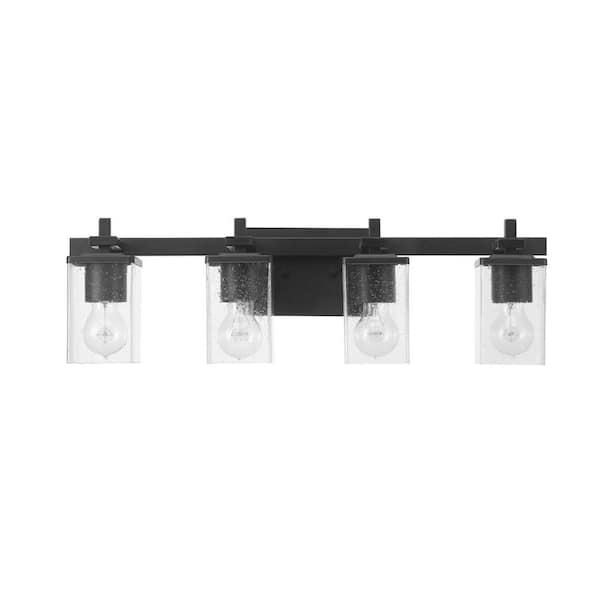 Dakota 26.79 in. 4-Light Matte Black Vanity Light with Seeded Glass Shades