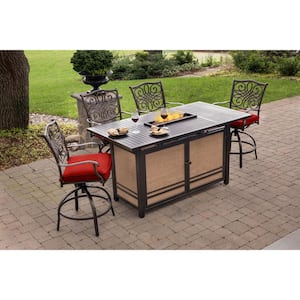 Traditions 5-Piece Aluminum Outdoor Dining Set with Red Cushions, Swivel Chairs and Fire Pit Table