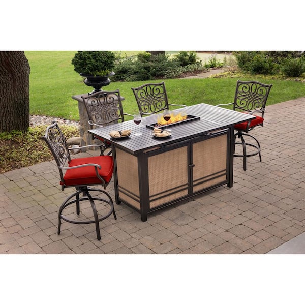 Hanover Traditions 5-Piece Aluminum Outdoor Dining Set with Red Cushions, Swivel Chairs and Fire Pit Table
