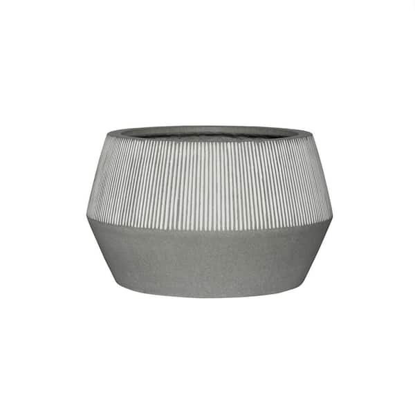 PotteryPots 14.17 in. W Harley Low S, Modern Geometrically Shaped Ficonstone Planter with Vertically Upper Stripe Design, White
