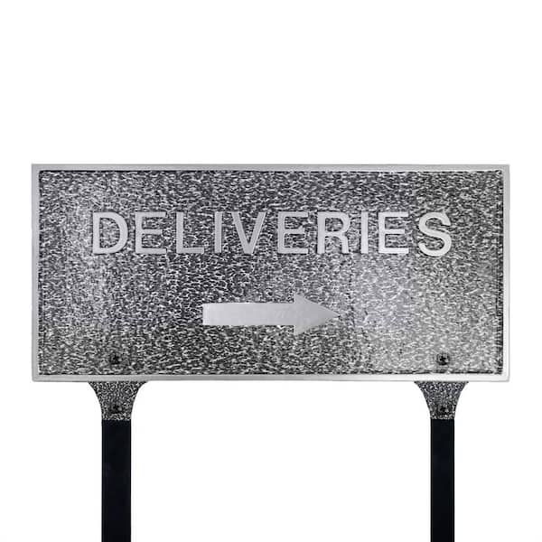 Montague Metal Products 10" x 21" Deliveries with Right Arrow Large Rectangle Statement Plaque with Lawn Stakes - Swedish Iron