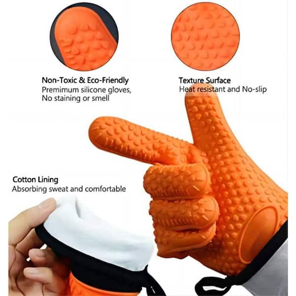 Grilling Gloves, Orange Heat Resistant Gloves BBQ Kitchen Silicone Oven Mitts, Long Waterproof Non-Slip Potholder