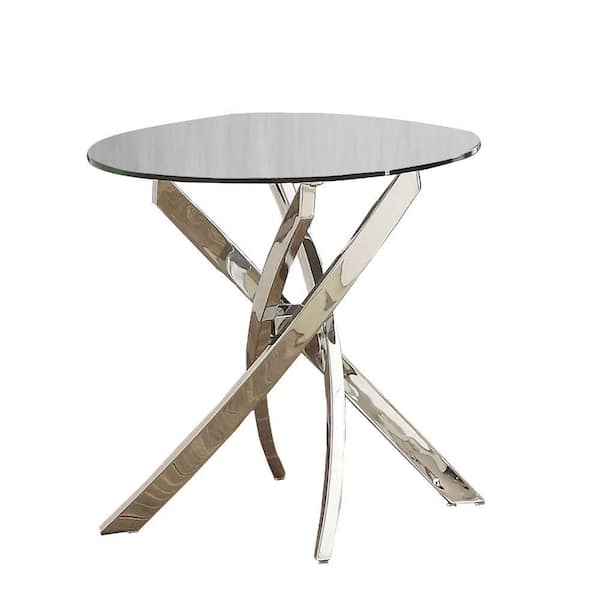 Benjara 21.63 in. Silver Round Glass Top End Table with Criss Cross Metal Base