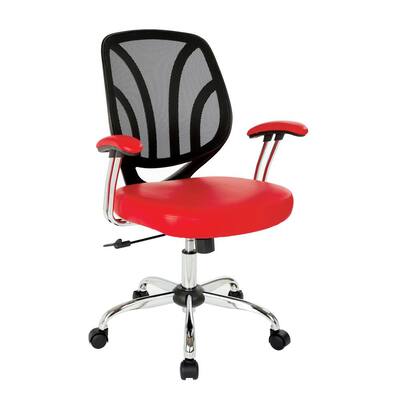 Red Faux Leather Screen Back Chair with Chrome Padded Arms and Dual Wheel Carpet Casters