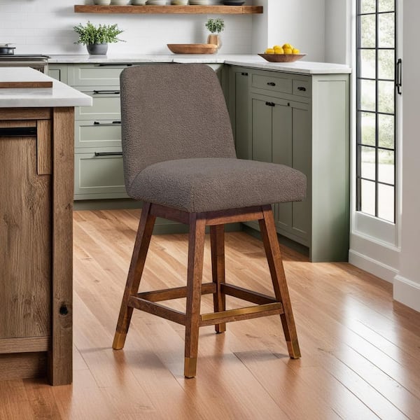 Armen Living Amalie 37.5 in. Brown Oak Swivel Bar Stool with Taupe Fabric Seat