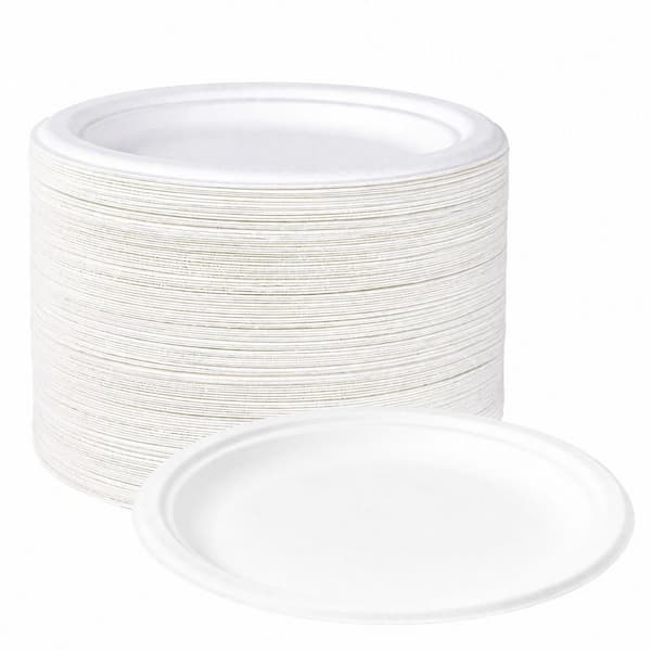 10 Inch Compostable Paper Plates, 150 Pack, Heavy Duty Biodegradable Eco-Friendly Sugarcane Bagasse, White