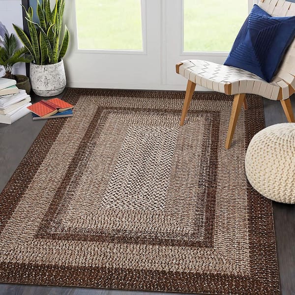 9 ft. x 12 ft. Brown Modern Bordered Washable Rug Non Slip Throw Rugs for Entryway Soft Bedroom Entry Accent Rugs