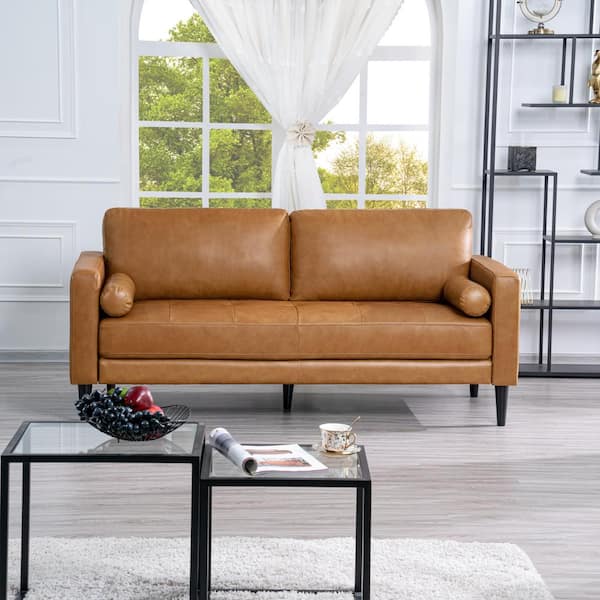 MAYKOOSH 73.23 in. Mid - Century Square Arm Genuine Leather Rectangle Sofa in Tan for Living Room