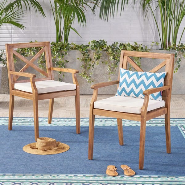 Sudzendf 2-Piece Acacia Wood Outdoor Dining Chair with Cream Cushions, Patio Dining Furnitures for Backyard, Lawn and Garden,Teak