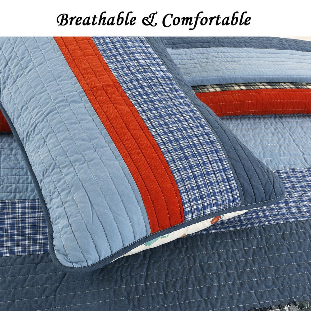 Twin Blue and Red Cotton Reversible Kids Quilt Set