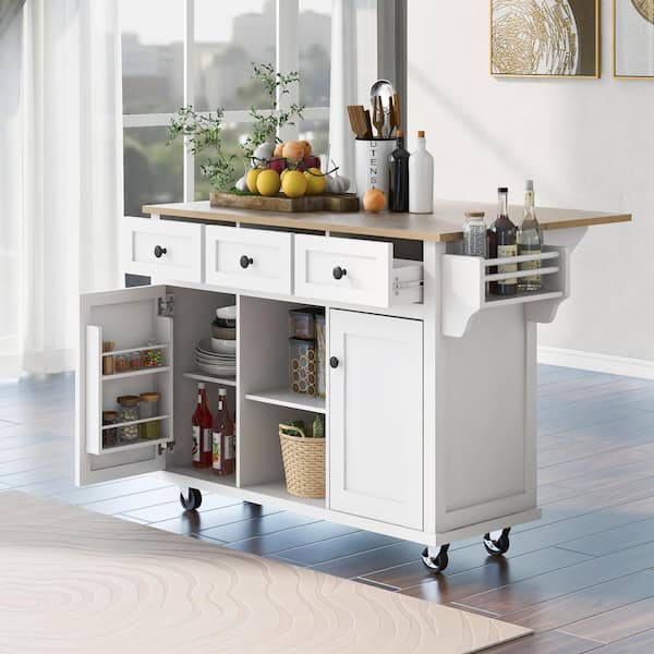 Polibi White Kitchen Cart, Kitchen Island with Drop-Leaf Countertop and Cabinet Door Internal Storage Racks and 3-Drawers