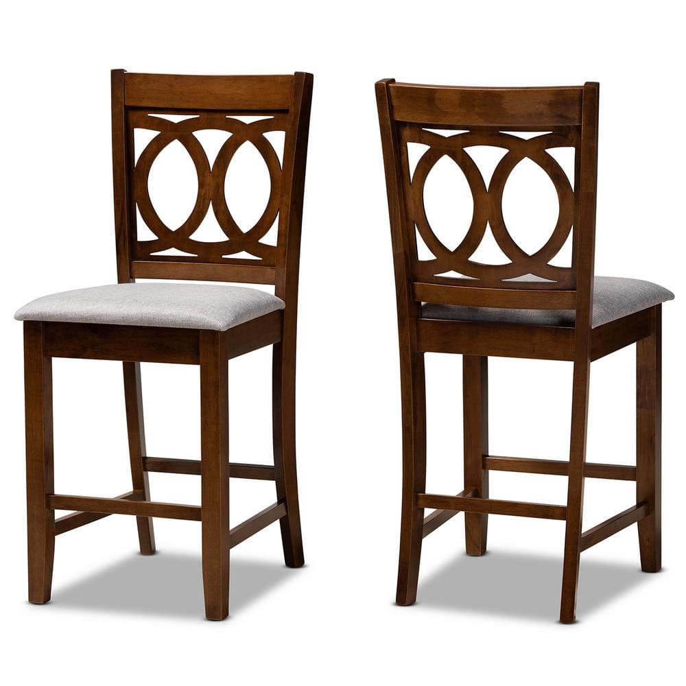 Lenoir Grey Fabric and Walnut Wood Counter Stools, Set of 2
