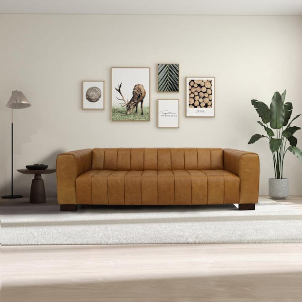Mayhead 93 in. Square Arm Genuine Leather Modern Comfy 3-Seater Rectangle Sofa in Tan