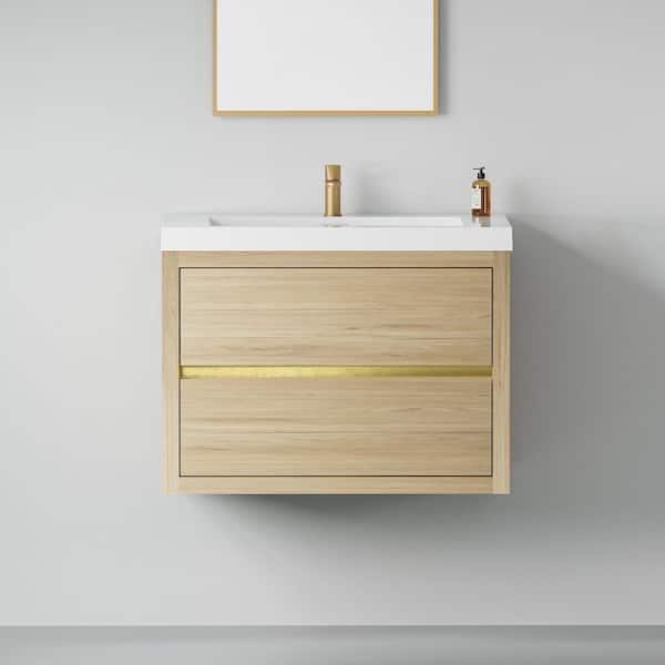30 in. Wall-Mounted Bath Vanity Floating Bathroom Storage Cabinet in Natural Oak with White Stone Resin Top