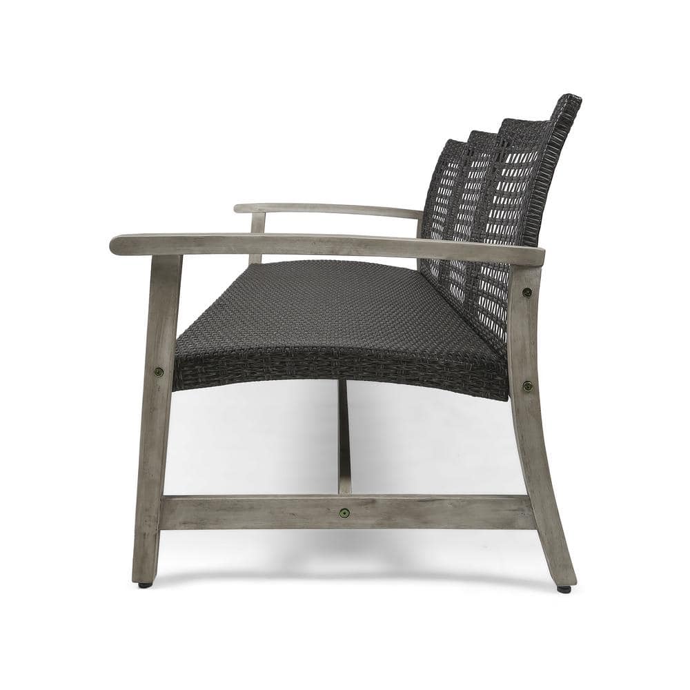 Marcia Light Gray Wood and Black Wicker Three-Seat Outdoor Sofa